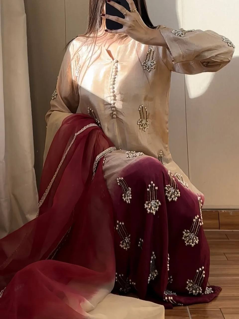 Modern Pearl-Drop Two-Tone Silk Suit